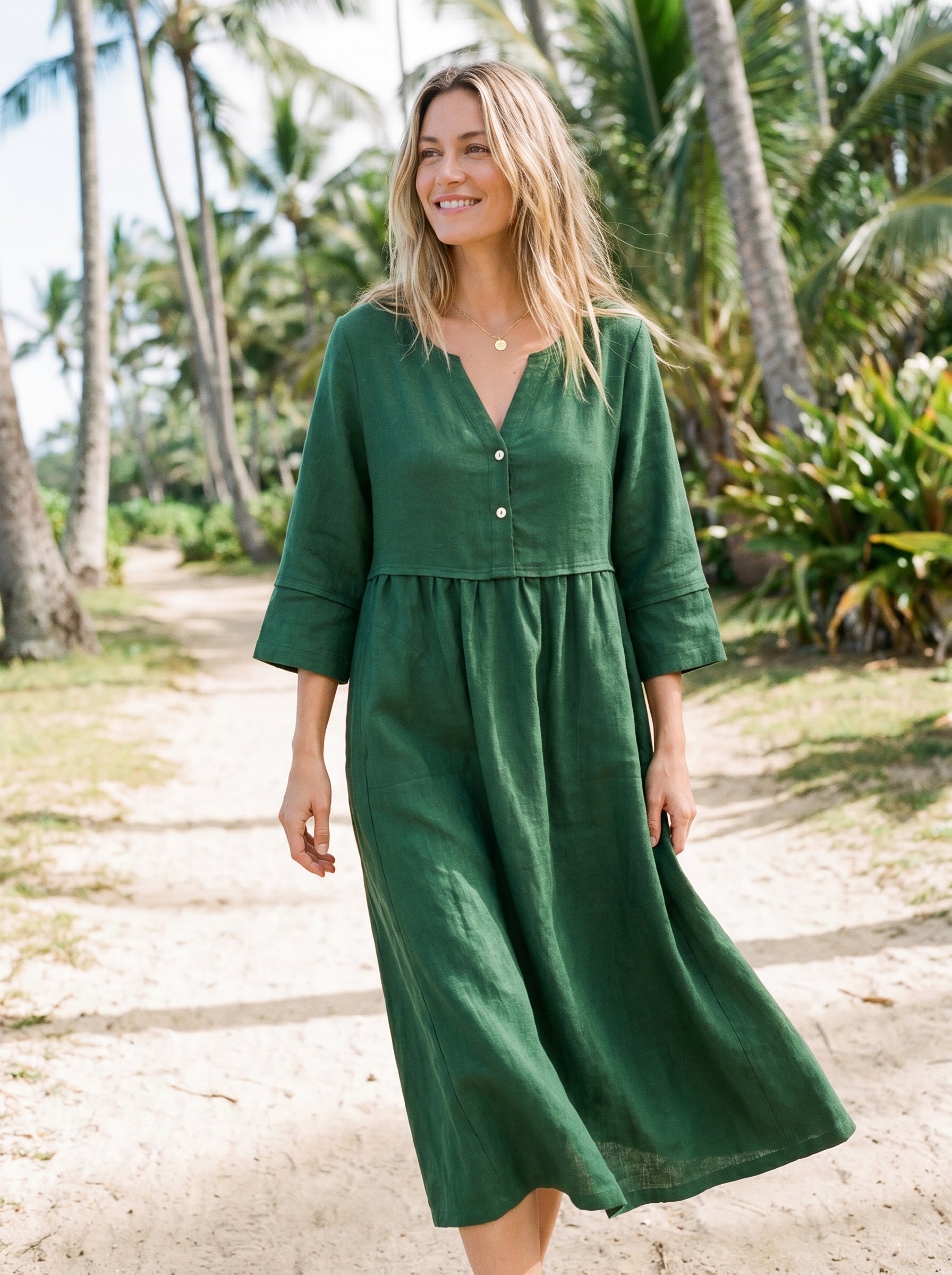 100% Linen Loose Fit Button Waist Gathered Midi Dress LUNA