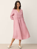 100% Linen Loose Fit Button Waist Gathered Midi Dress LUNA