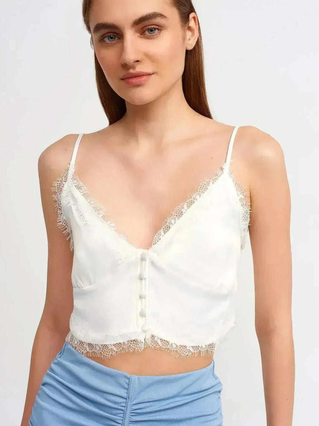 Lace Detail Crop Top | Rayon-Viscose Blend | Feminine Style