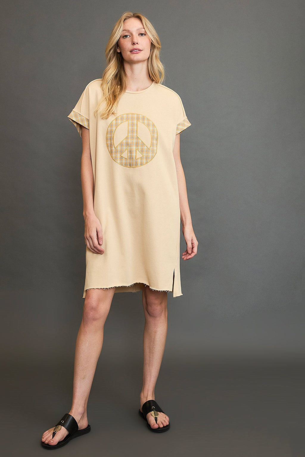 Peace Plaid Applique Short Sleeve Mini Dress – Trendy Plaid, Fun Peace Applique, High-Low Hem for a Chic Casual Look