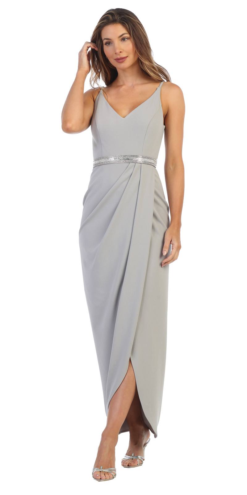 CLEARANCE - Spaghetti Strap Belted Faux-Wrap Style Long Formal Dress (Size XL)