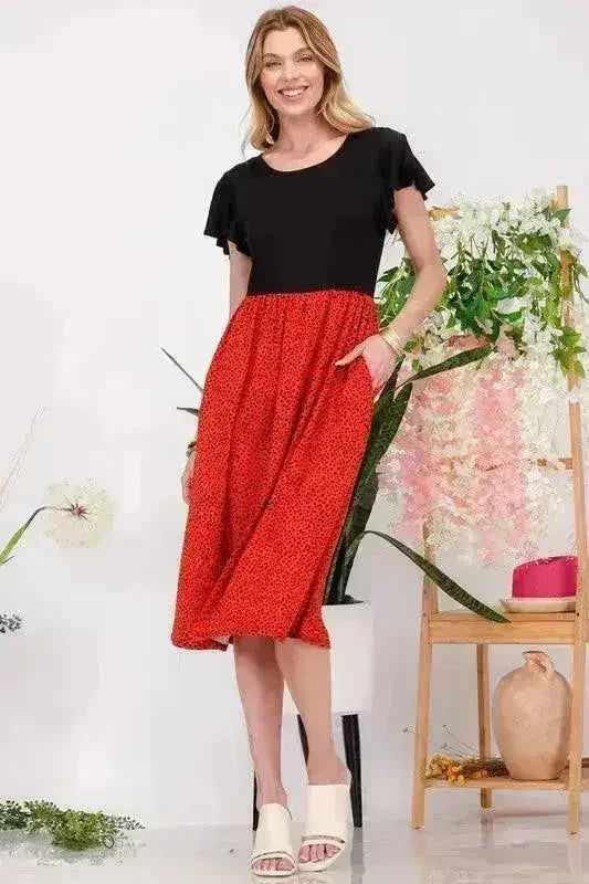 Two Tone Animal Print Midi Dress | Flutter Sleeve Plus Dress -femstylo