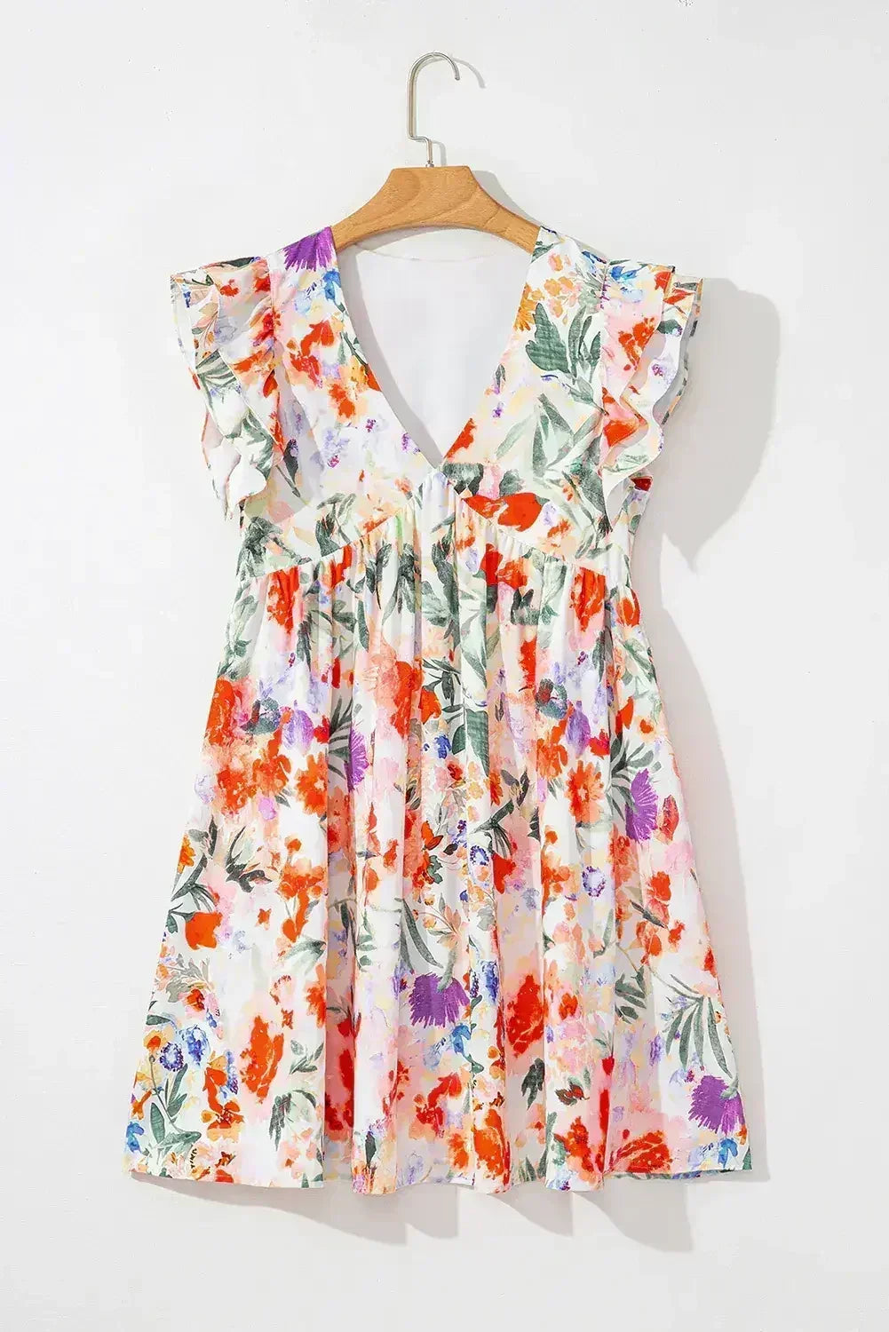 Pink Floral Ruffle Sleeve V Neck High Waist Mini Dress