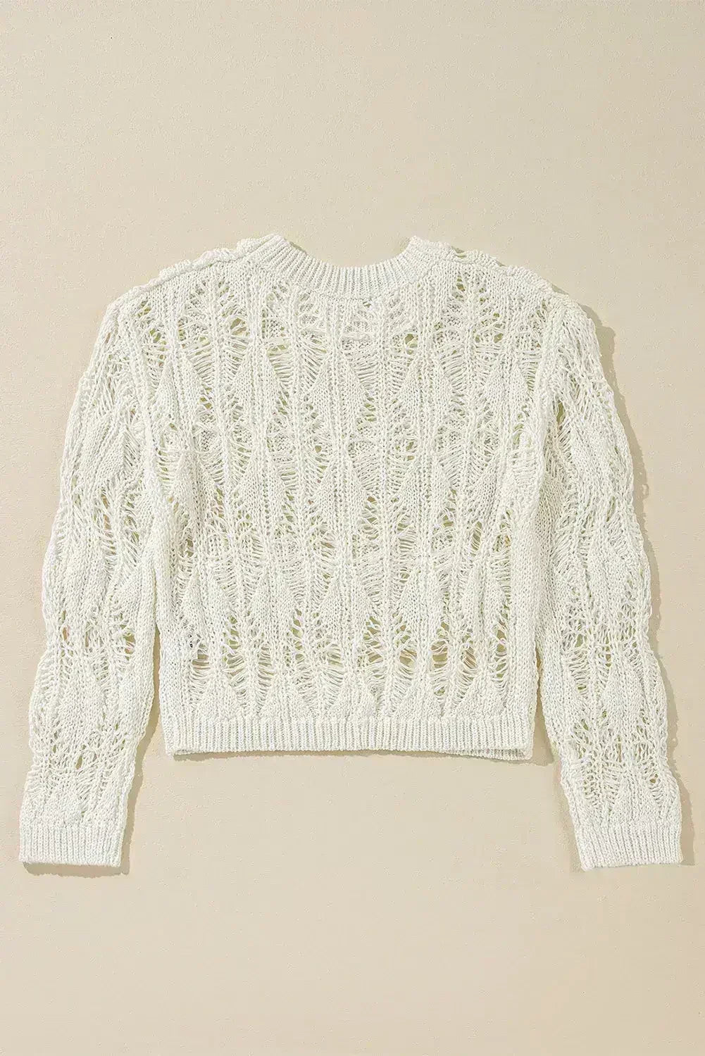 White Crochet Crew Neck Sweater - Loose Fit & High Elasticity | Femstylo