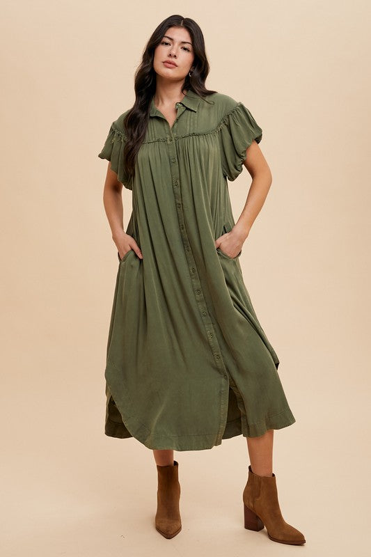 Mineral Washed Button Down Puff Sleeve Shirt Dress For Women – Fluttering, Fashionable Button Down Dress with Puff Sleeves, Mineral Wash for an Effortlessly Chic Look
