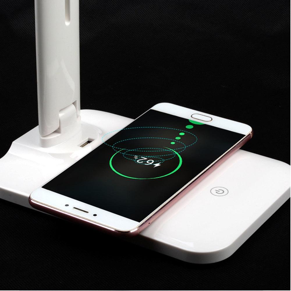 10W LED Desk Lamp with phone Wireless Charger, USB Charging Port, Dimmable Eye-Caring Office Lamp for Work,  Folding Design Decorative Table Lamp Cute Study Lamps for Bedroom Décor