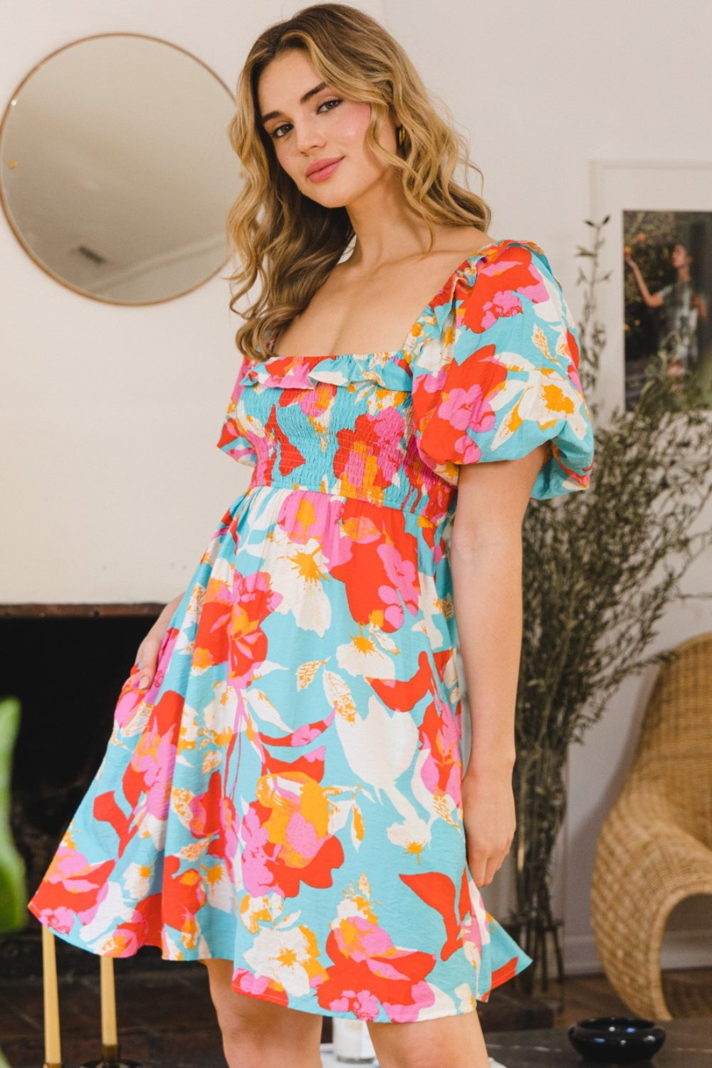 Printed New Summer Lady Smocked Puff Sleeve Mini Dress - Chic & Playful Dress For Girls  with Ruffled Details and Feminine Fit