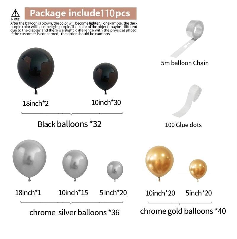 110pcs Black Gold Metallic Silver Classic Color Balloons Set For Wedding Birthday Party Decoration Shower Parties and Birthday Party