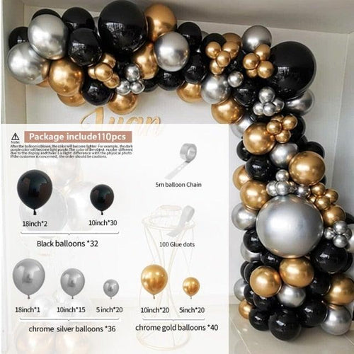 110pcs Black Gold Metallic Silver Classic Color Balloons Set For Wedding Birthday Party Decoration Shower Parties and Birthday Party
