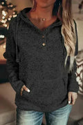 Women's Black Heathered Print Button Snap Neck Pullover Hoodie