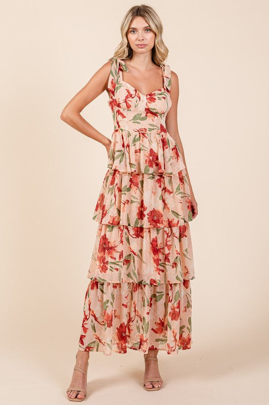 New Summer Layered Floral Sweetheart Neck Maxi Dress For Women – Romantic and Feminine Floral Dress with Layered Skirt