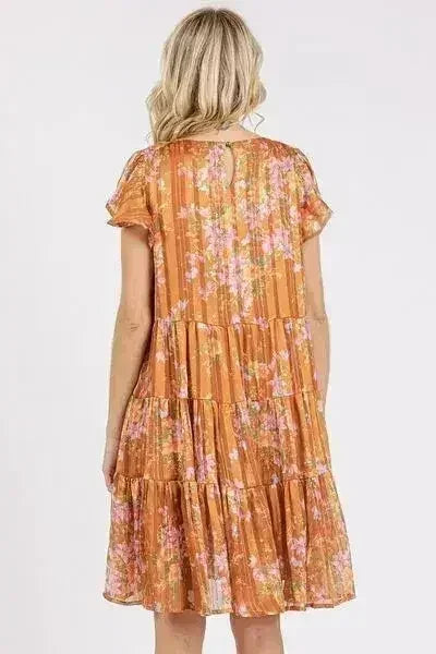 Flower Print Flutter Sleeve Tiered Caramel Dress – femstylo