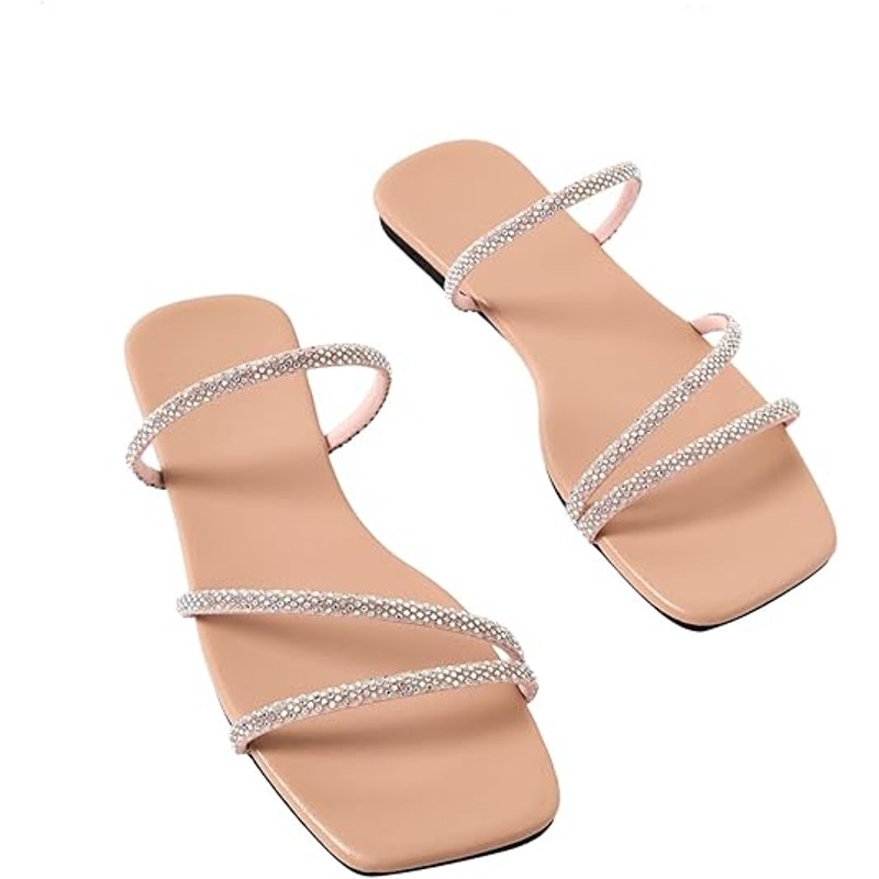 Gorglitter Womens 7.5 Tan Pink Rhinestone Open Toe Slide On Flat Sandal Shoes