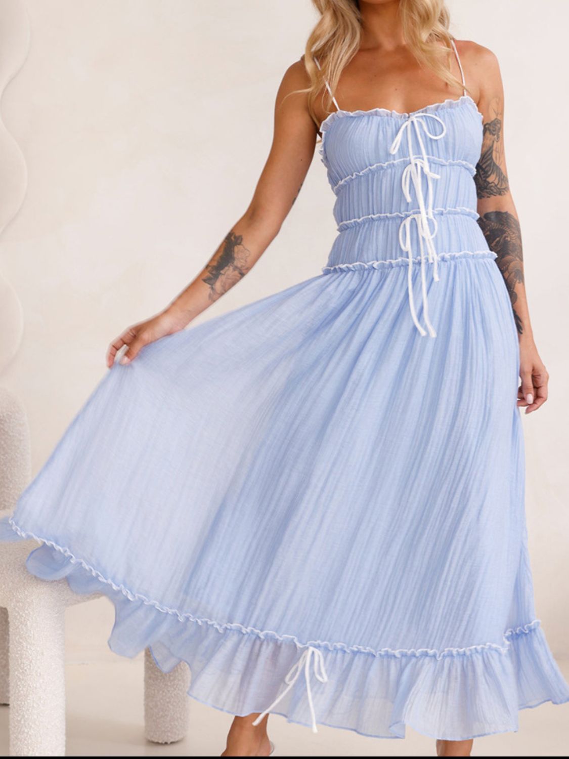 Vintage Ruffled Hem Midi Dress With Tied And Ruched Detail Elegant Feminine Girls Dress