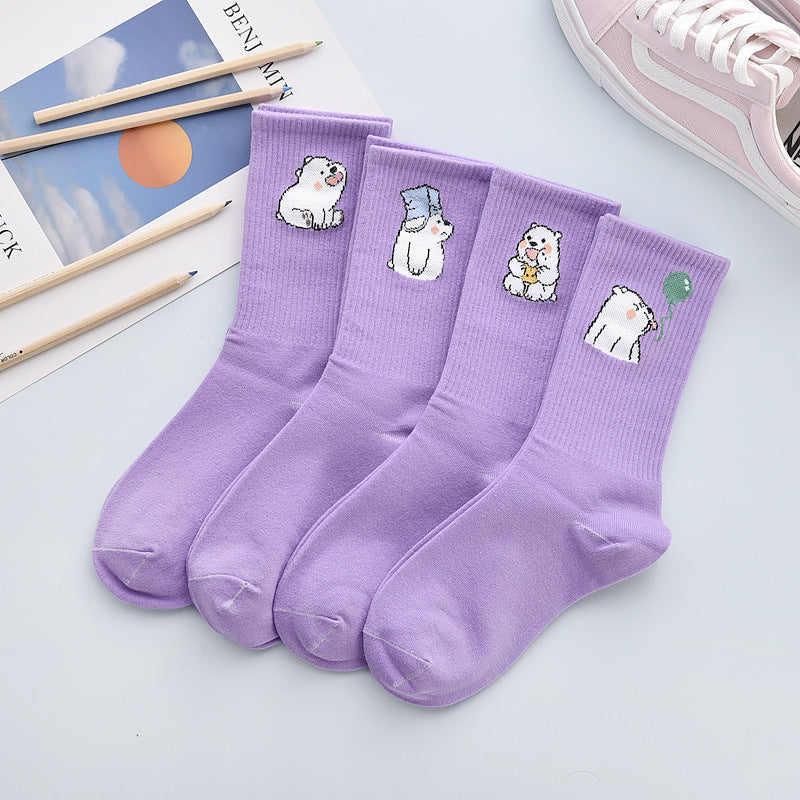 4Pair Spring And Summer Combed Out Of Pure Cotton Socks Mid Waist Fashion Bear Socks Cute Animal Socks Kawaii Cute Cartoon Purple College Socks For Men And Women