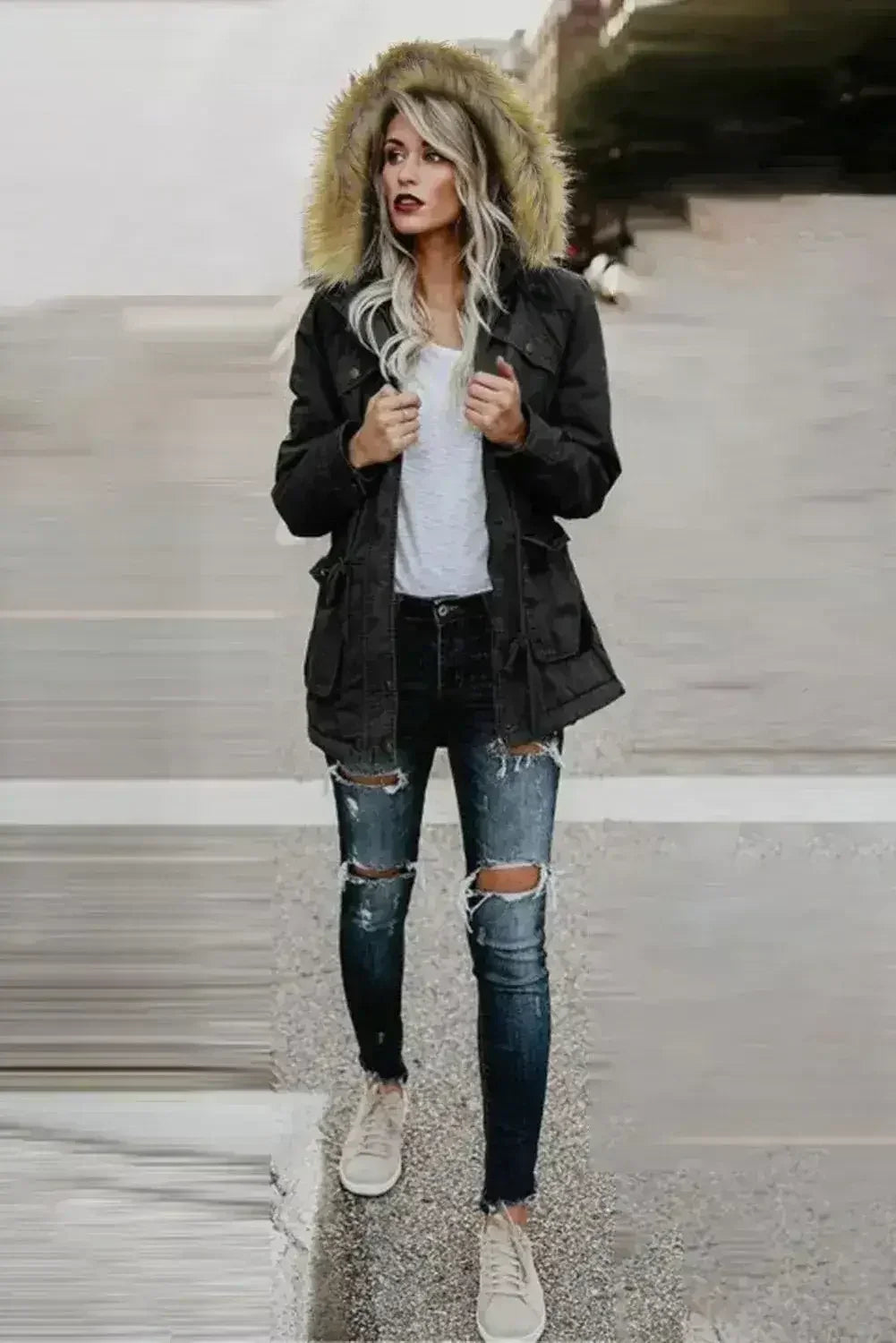 Zipper Snaps Pocket Plush Hooded Parka Jacket