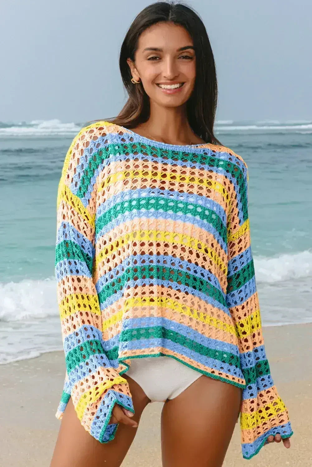 Purple Striped Hollow Knit Summer Beach Cover Up