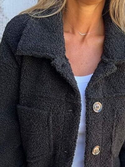 Comfortable Modern Women Full Size Fuzzy Button-Up Jacket with Drop Shoulder and Pockets