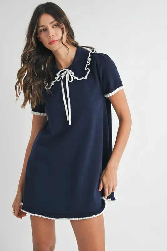 Ruffle Trimmed Collar Fine Knit Mini Dress For Women – Ruffle Mini Dress, Fine Knit Dress, Collar Dress, Feminine Mini Dress, Chic Knit Dress