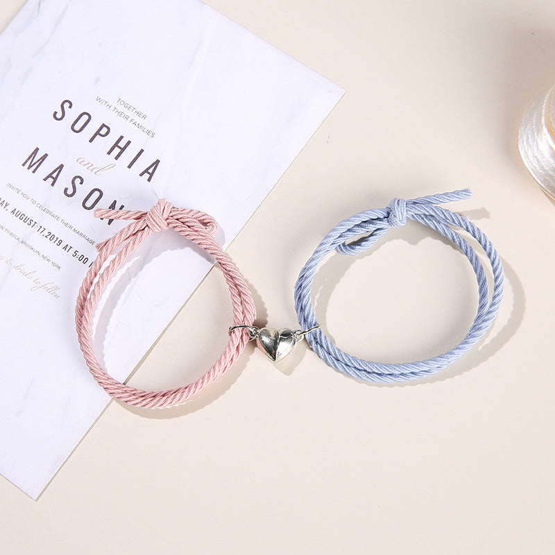 2PCS Magnetic Bracelet Stainless Steel Love Heart Charm Couple Bracelets For Friend Braid Rope Bracelets Magnet Adjustable Rope Matching Bracelet Love Bracelet Couples 2 Pieces Relationship Magnetic Bracelet