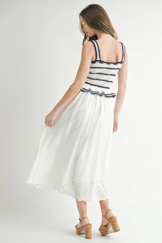 Crochet Stripe Knit Eyelet Mix Midi Dress – Crochet Midi Dress, Stripe Knit Dress, Eyelet Mix Dress, Trendy Midi Dress, Versatile Midi Dress