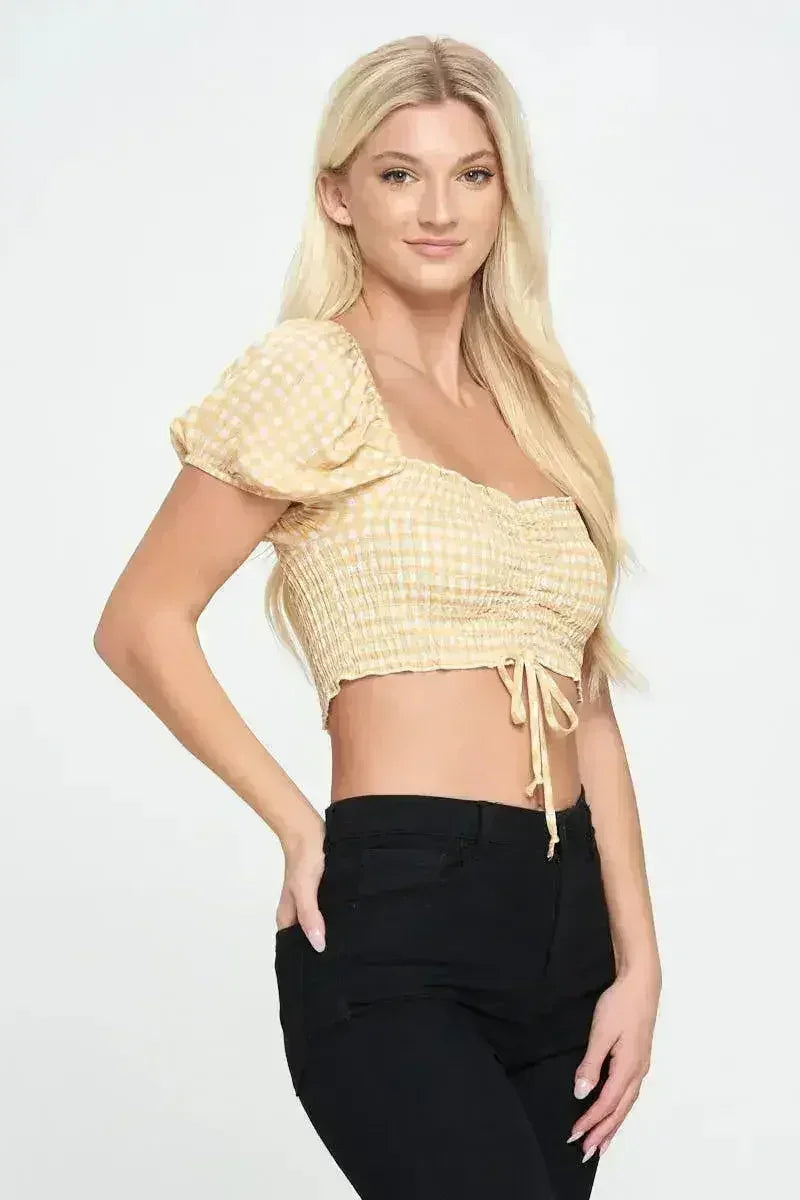 Gingham Smocked Crop Top with Puff Sleeves - Cute | Femstylo