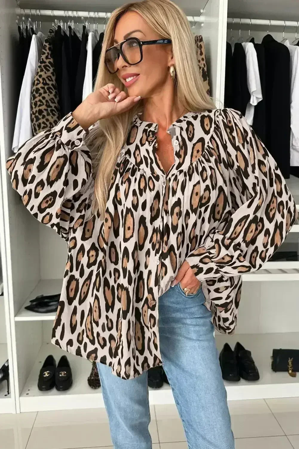 Light Leopard Print Balloon Sleeve Loose Blouse | Femstylo