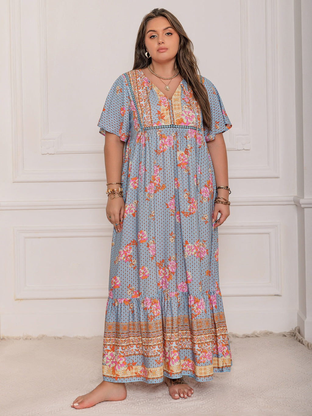 Pink Purple Plus Size Printed Flutter Sleeve Maxi Dress Elegant & Flowy Dress Unique Design