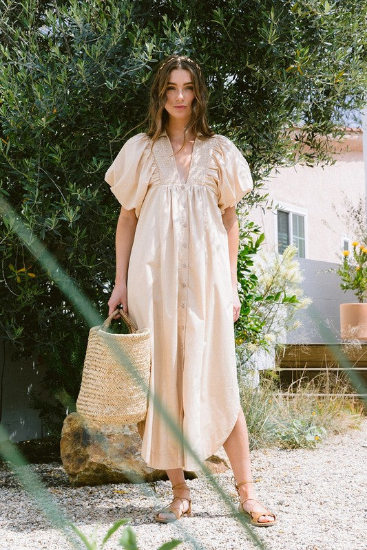Smocked Puff Sleeve Midi Dress – Chic and Flattering Midi Dress with Puff Sleeves and Smocked Detailing for a Feminine Silhouette