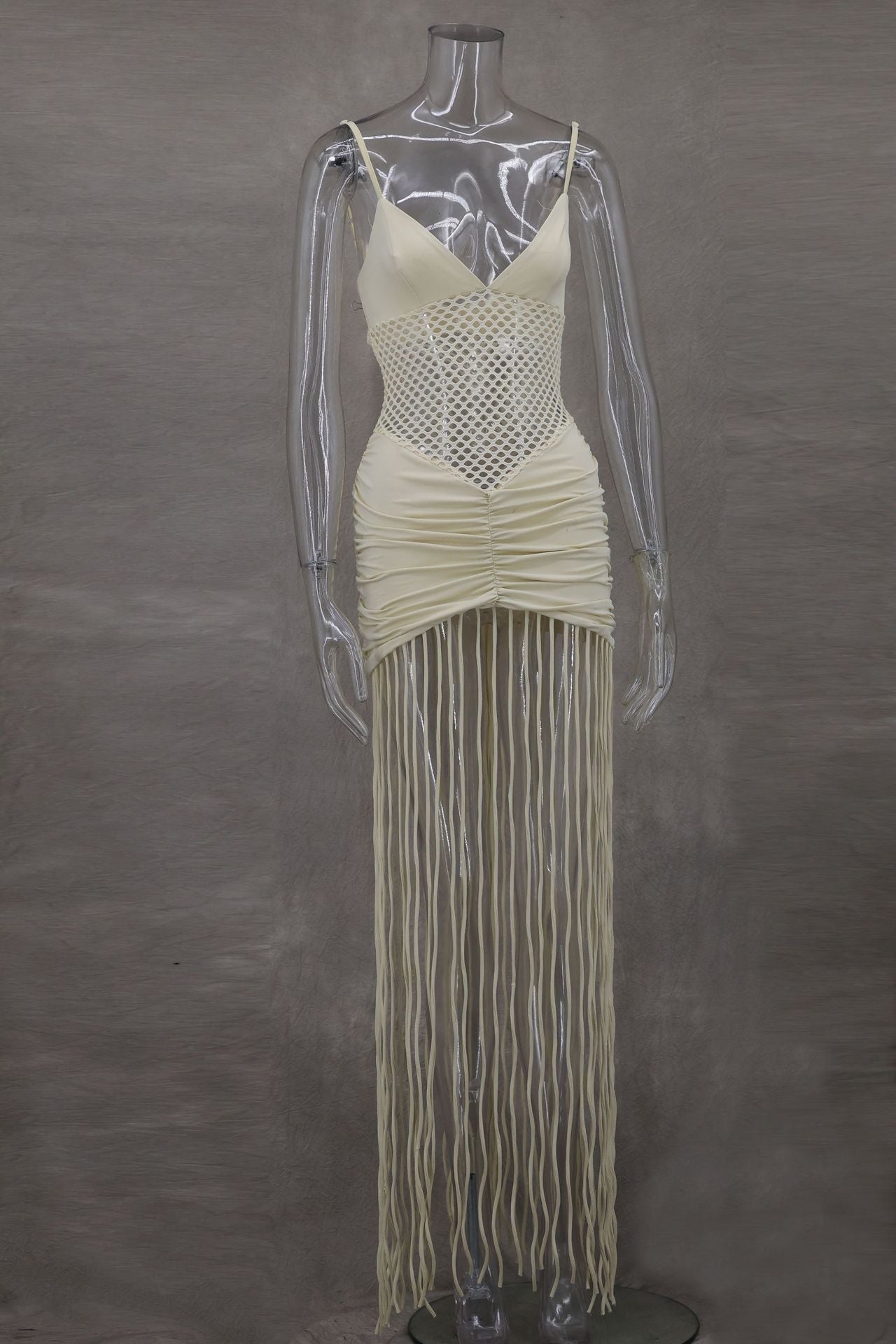 Spring Summer Suspenders Mesh Cropped Outfit Sexy Ruffle Hip Tassel Dress