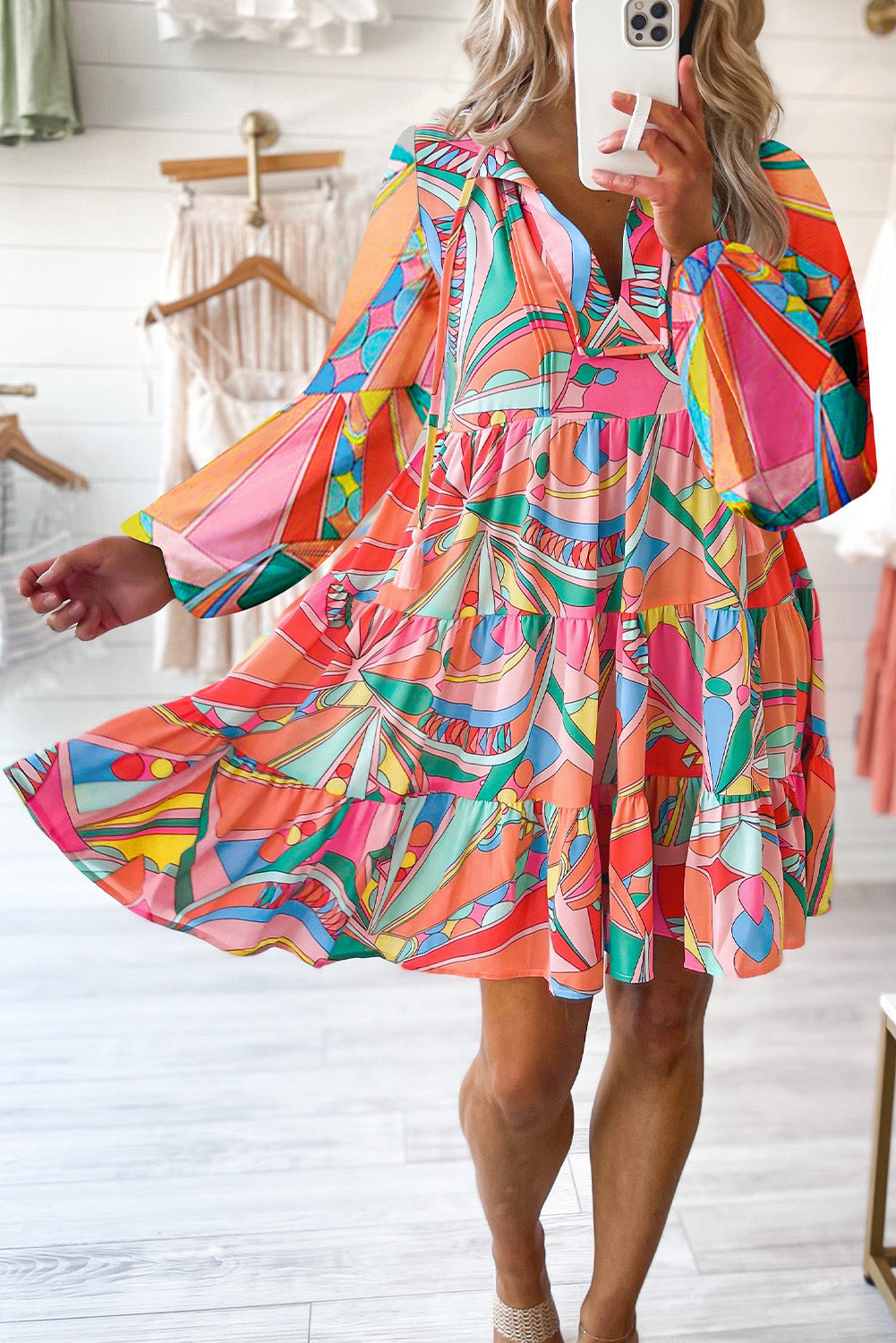 Multicolored Printed Long Sleeve Tie Neck Mini Dress Playful Statement Piece Charming Colored Dress