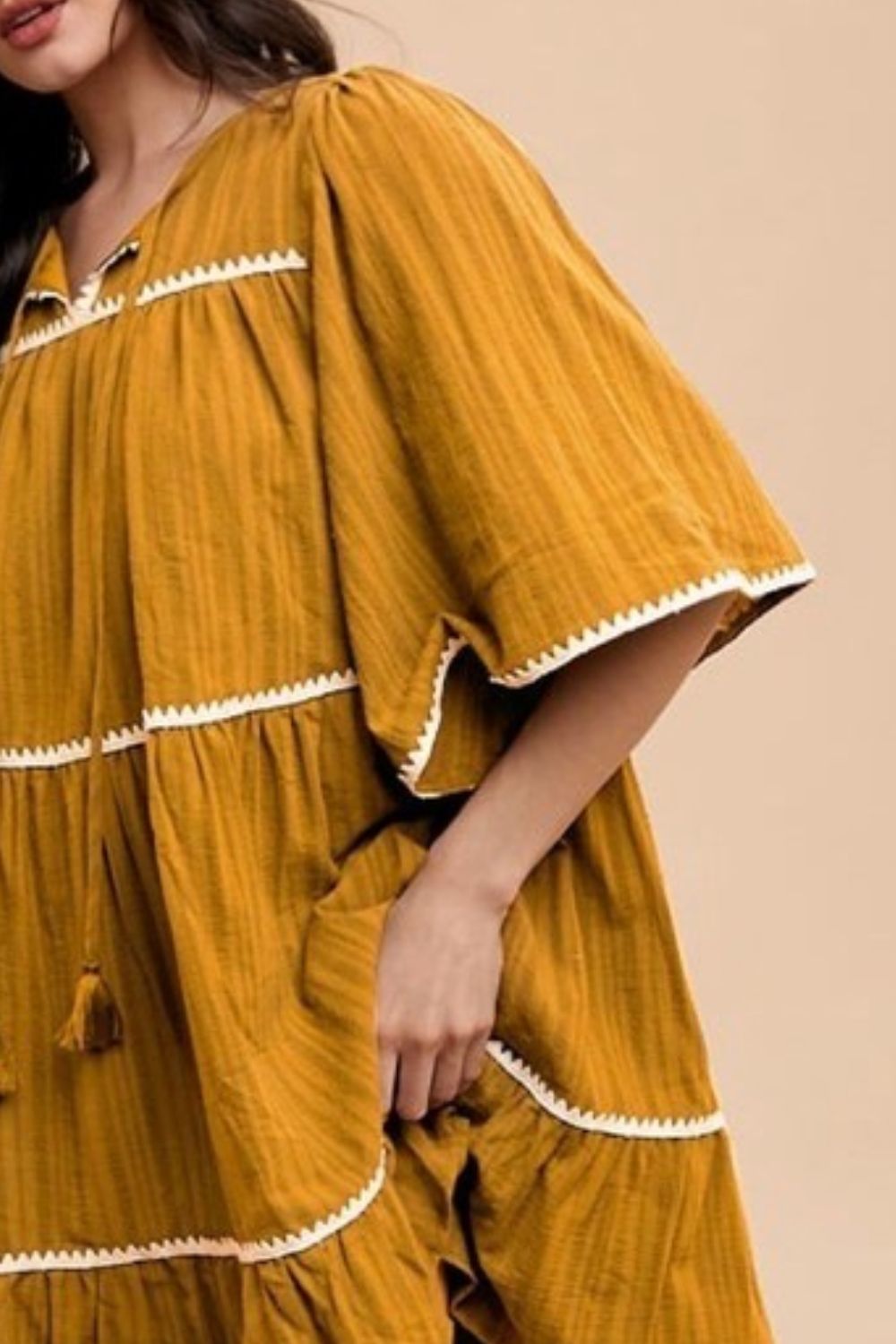 Tassel Contrast Trim Tie Neck Half Sleeve Tiered Dress For Women – Bohemian Inspired Tiered Dress with Tassel Accents and Contrast Trim for a Playful Look