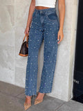 Women Clothing Oblique Waist Cross Vintage Beaded Baggy Straight Burr Denim Trousers