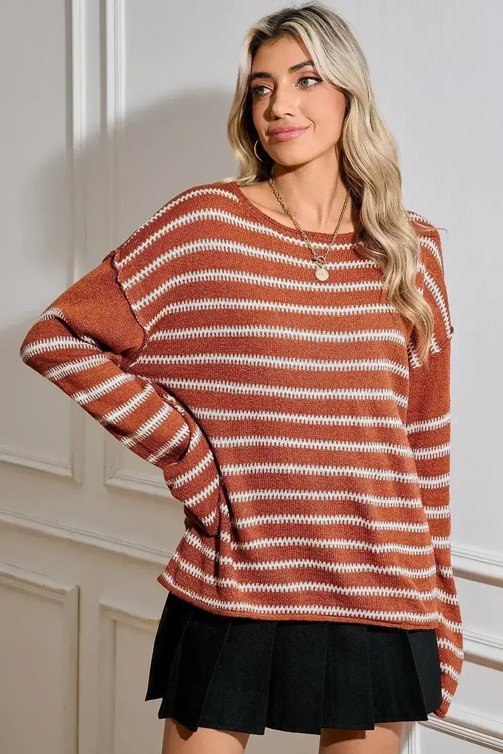 Brown Stripe Casual Round Neck Drop Shoulder Sweater