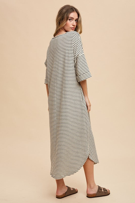 Striped Round Neck Midi Dress Soft & Stylish Classic Design Long Dress