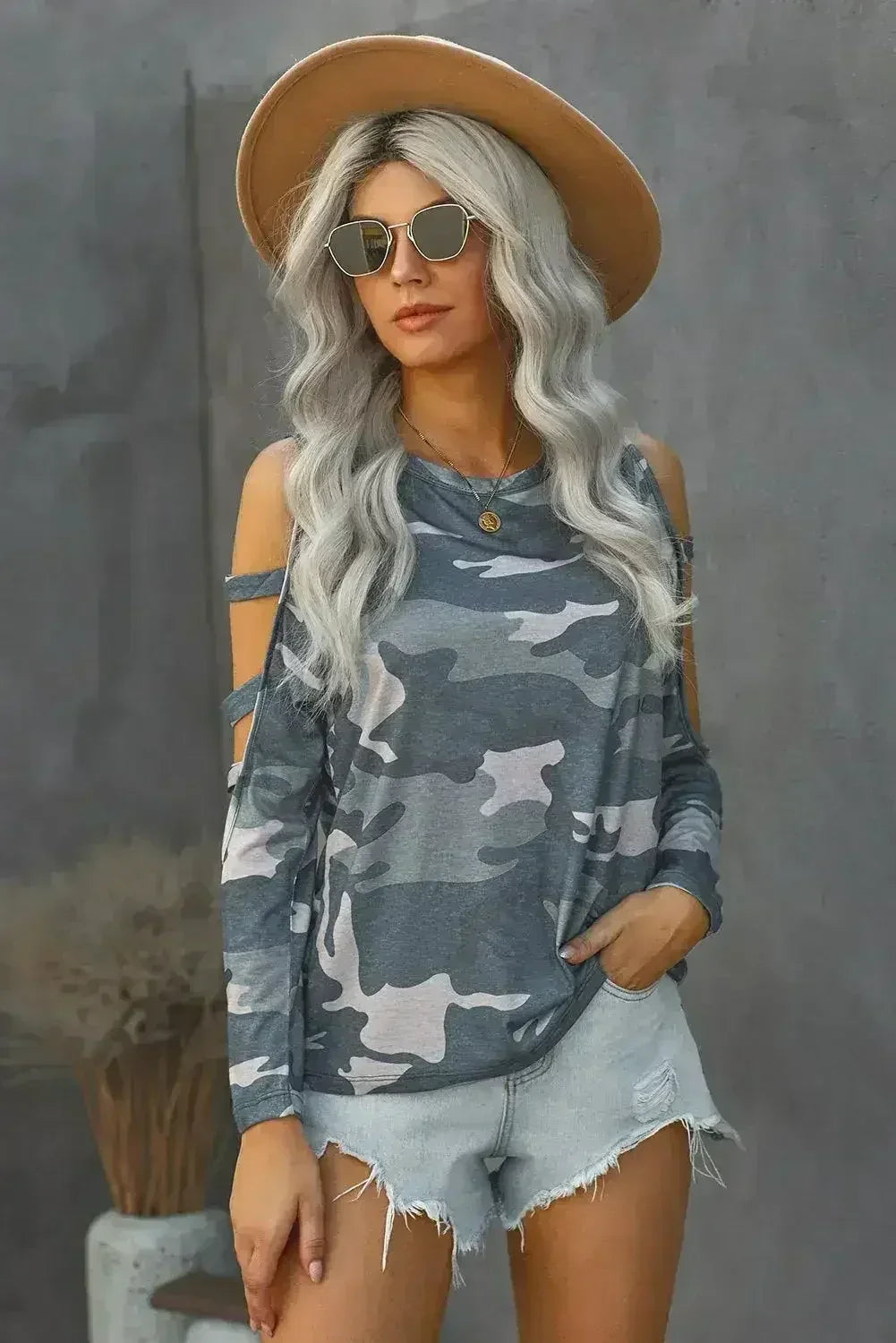 Camouflage Shoulder To Hollow Out Long Sleeve Top