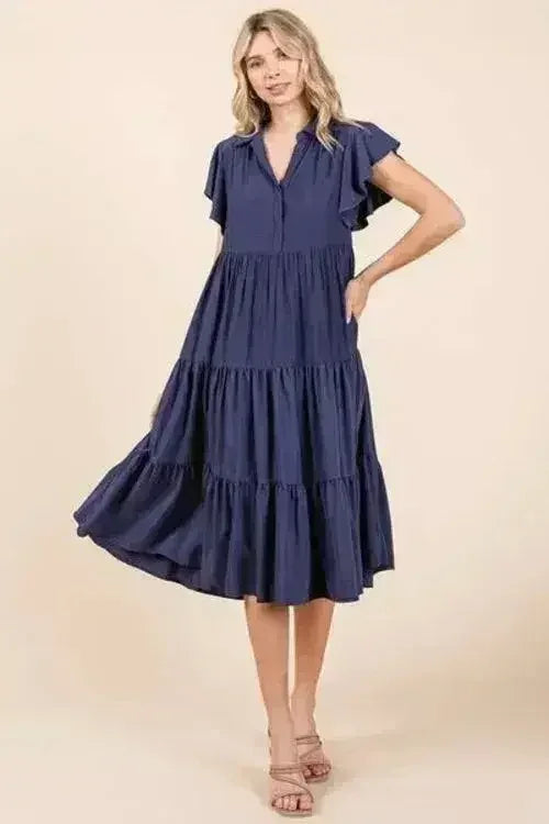 Ruffle Sleeve Tiered Midi Dress - Feminine & Elegant | Femstylo