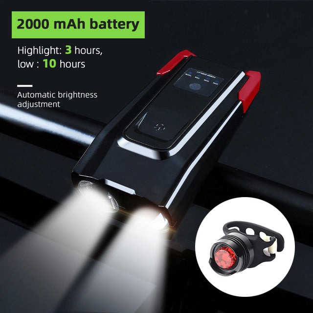 Bicycle Front Light USB Rechargeable Smart Headlight With Horn LED Bike Lamp Headlight Waterproof Bicycle Light With Horn Speaker Touch Switch USB Power Display 4000mAh