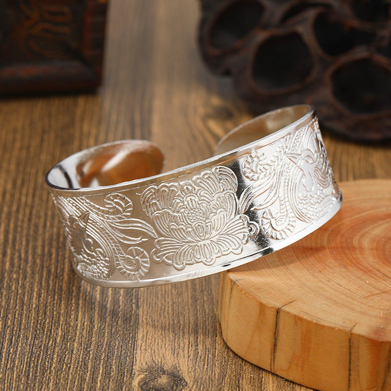 Big Elegant Luxury Amazing Classic Fashion Flower Metal Tibetan Indian Silver Vintage Retro Fashion Cuff Bracelet Bangle For Woman With Details of Animals