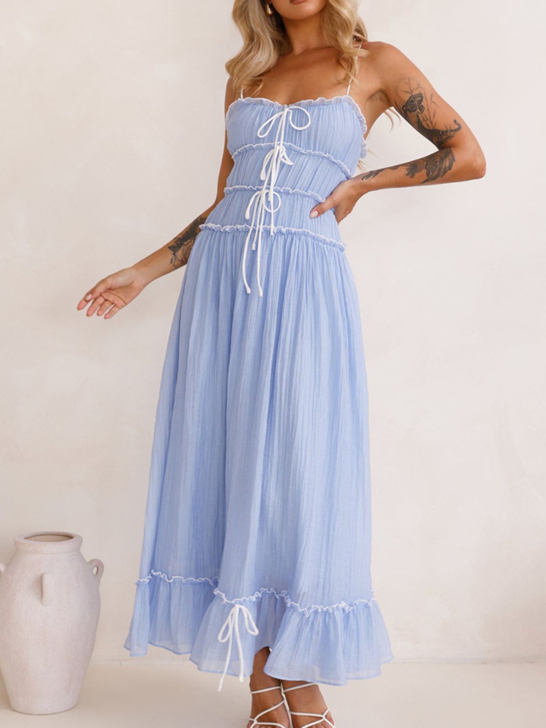 Vintage Ruffled Hem Midi Dress With Tied And Ruched Detail Elegant Feminine Girls Dress