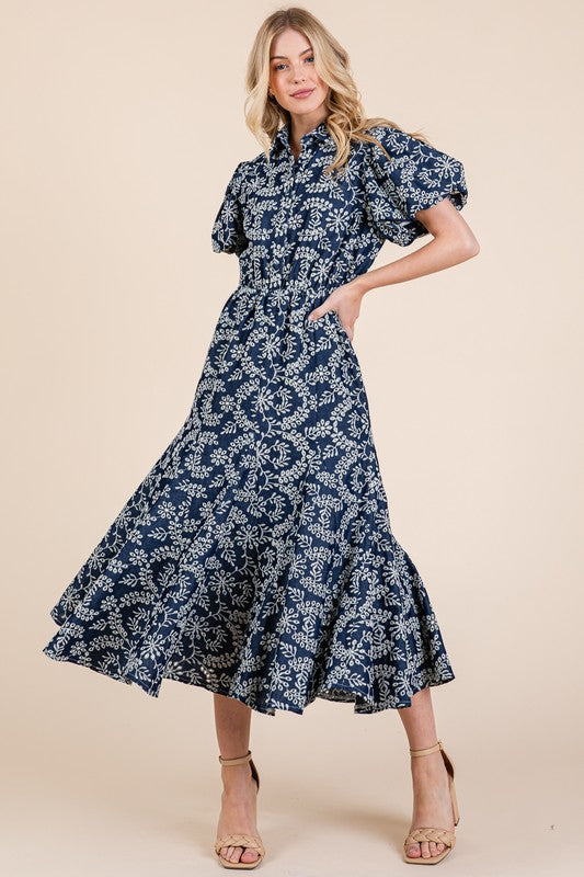 Natural Leaf Pattern Eyelet Lace Puff Sleeve Dress For Women – Elegant and Feminine Eyelet Lace Dress with Puff Sleeves