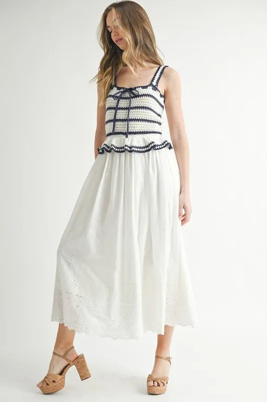 Crochet Stripe Knit Eyelet Mix Midi Dress – Crochet Midi Dress, Stripe Knit Dress, Eyelet Mix Dress, Trendy Midi Dress, Versatile Midi Dress