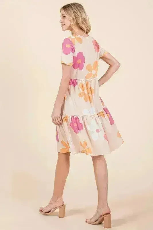 Floral Tiered Summer Dress - Round Neck Short Sleeve | BOMBOM