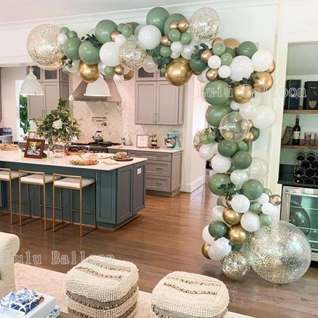 142 pcs Vintage Green And White Gold Balloon Garland Kit As Backdrop For Birthday Baby Bridal Shower Party Decorations Girl and Boy Universal Multicolor Ballons