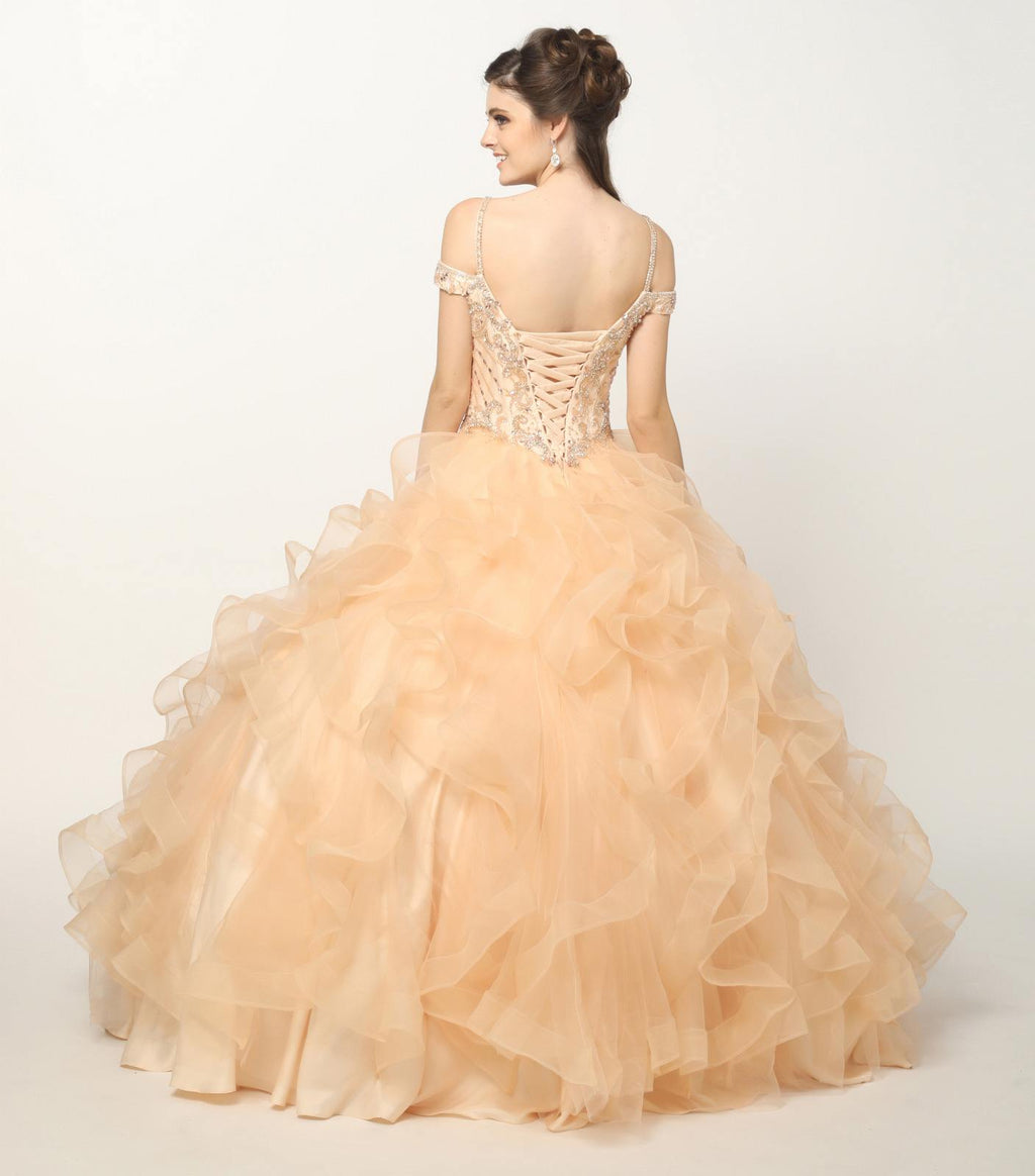 Juliet 1421 Cinderella Ball Gown Ruffled Tulle Cold Shoulder Embroidered Bodice