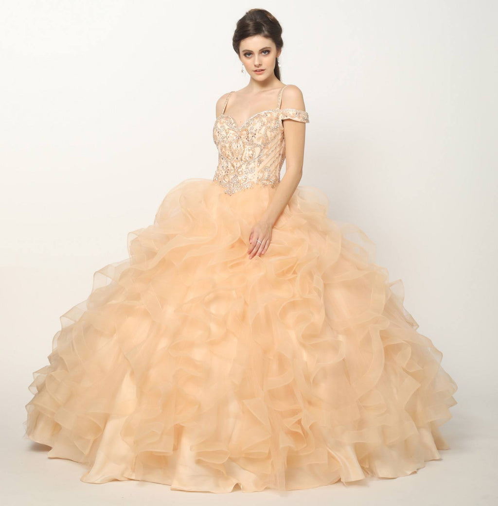 Juliet 1421 Cinderella Ball Gown Ruffled Tulle Cold Shoulder Embroidered Bodice