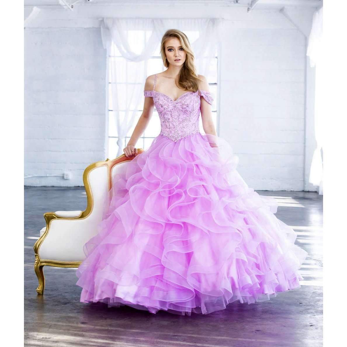 Juliet 1421 Cinderella Ball Gown Ruffled Tulle Cold Shoulder Embroidered Bodice