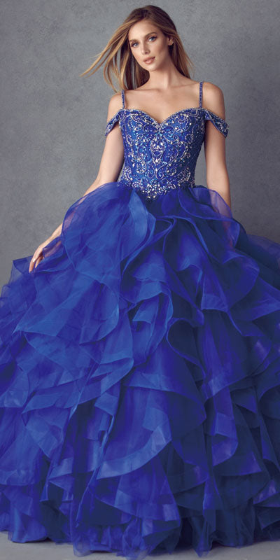Juliet 1421 Cinderella Ball Gown Ruffled Tulle Cold Shoulder Embroidered Bodice