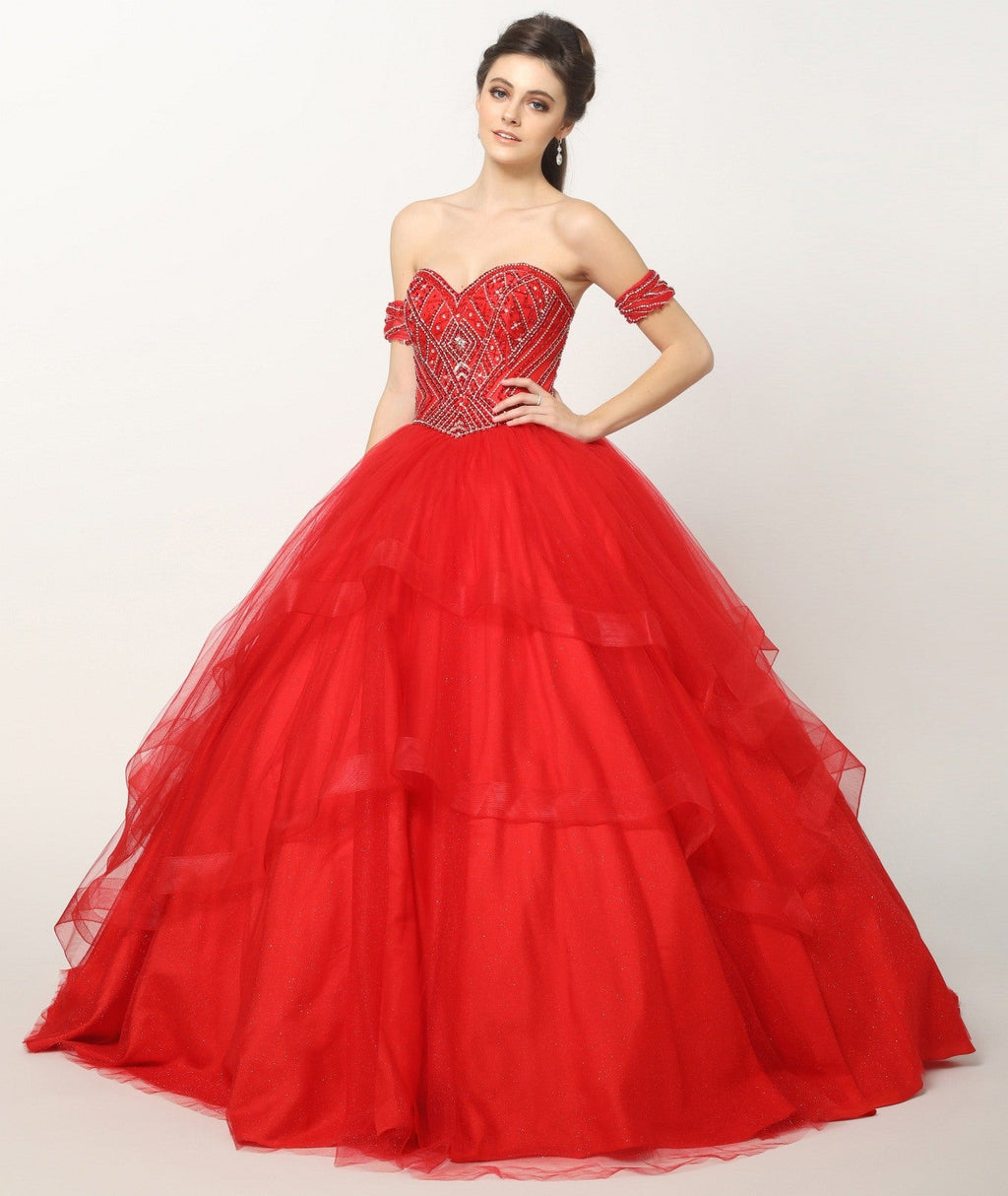 Juliet 1424 Quinceanera Ball Gown Tulle Skirt Arm Bands Beaded Bodice