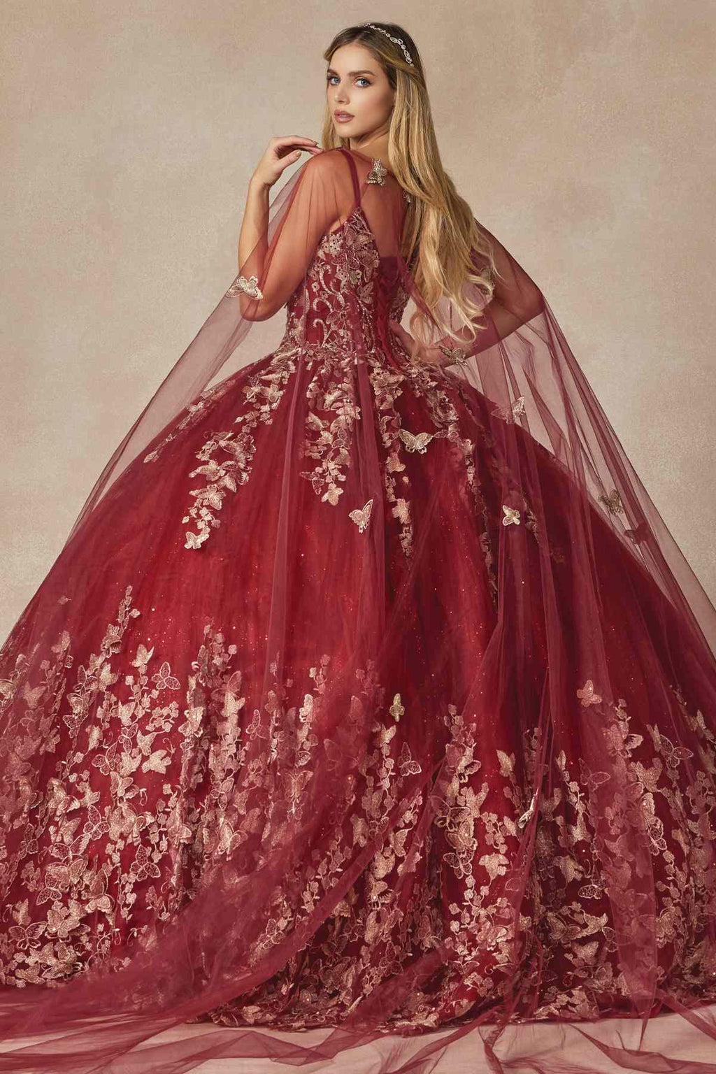 Juliet 1442 Long 3D Butterfly Appliques Strapless Bodice Cape Quinceanera Dress